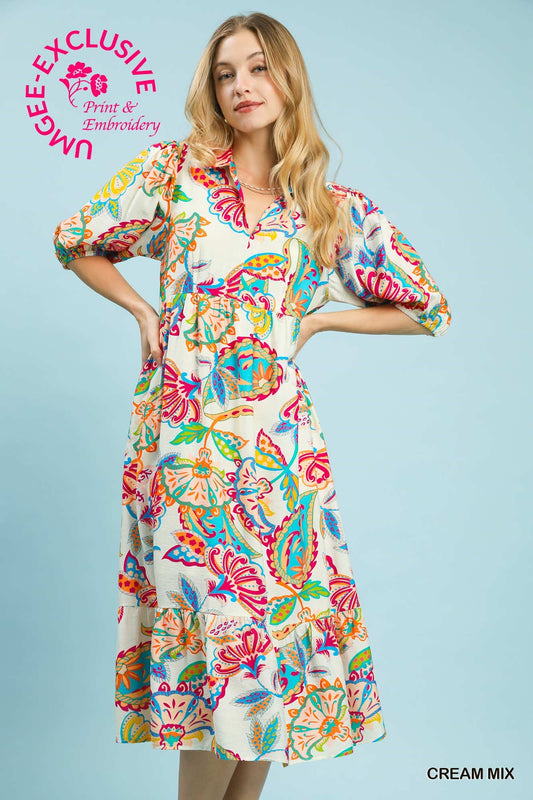 Umgee Cream Mix Paisley Print Maxi Dress