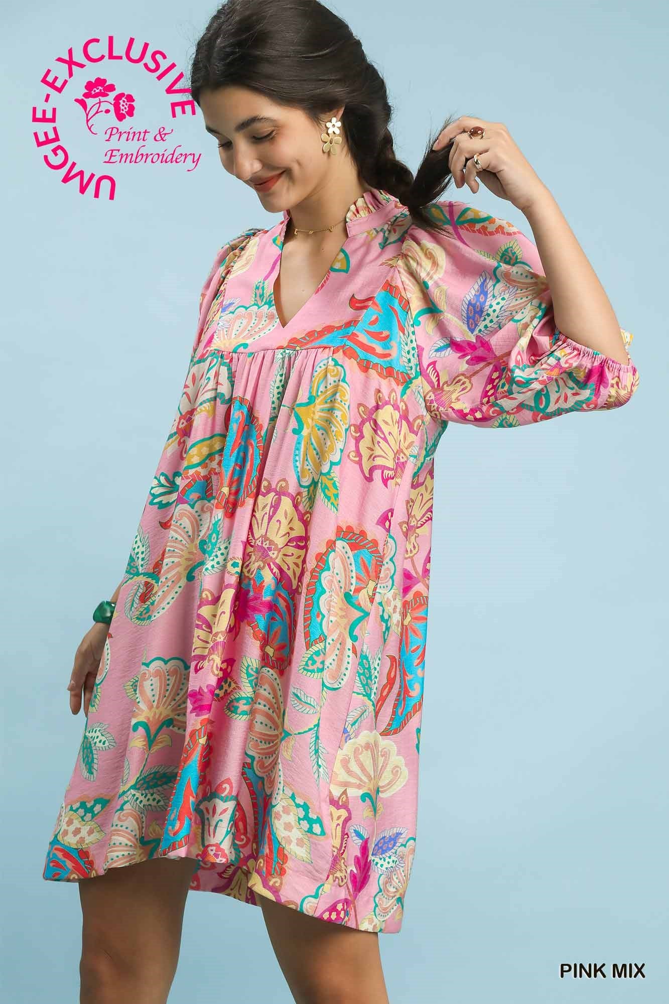 Umgee Pink Abstract Print Puff Sleeve Babydoll Dress