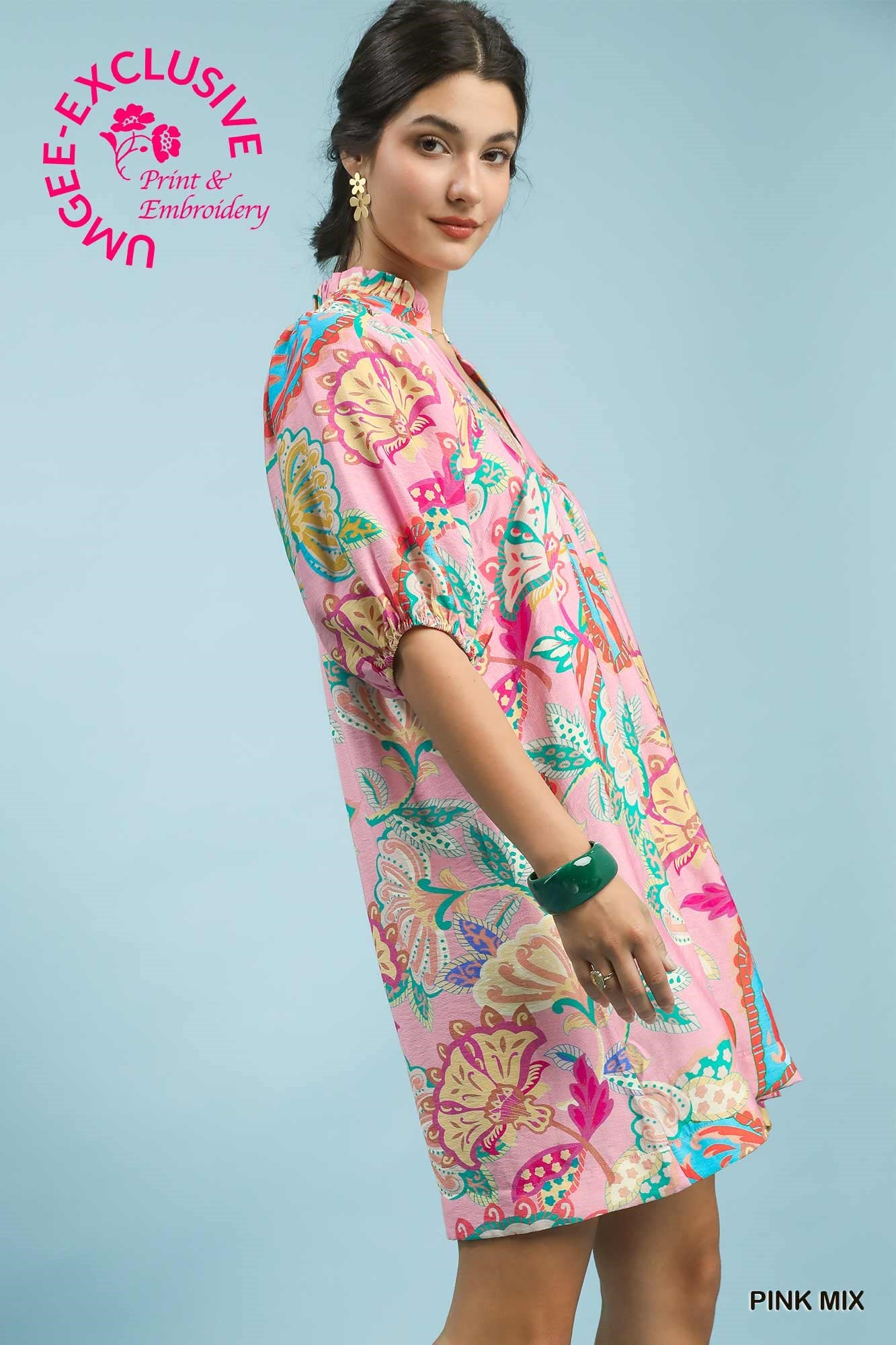 Umgee Pink Abstract Print Puff Sleeve Babydoll Dress