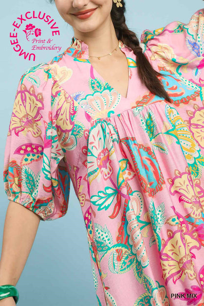 Umgee Pink Abstract Print Puff Sleeve Babydoll Dress