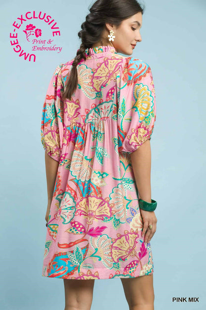 Umgee Pink Abstract Print Puff Sleeve Babydoll Dress