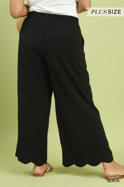 Umgee Plus Size Linen Blend Scallop Hem Wide Leg Pants