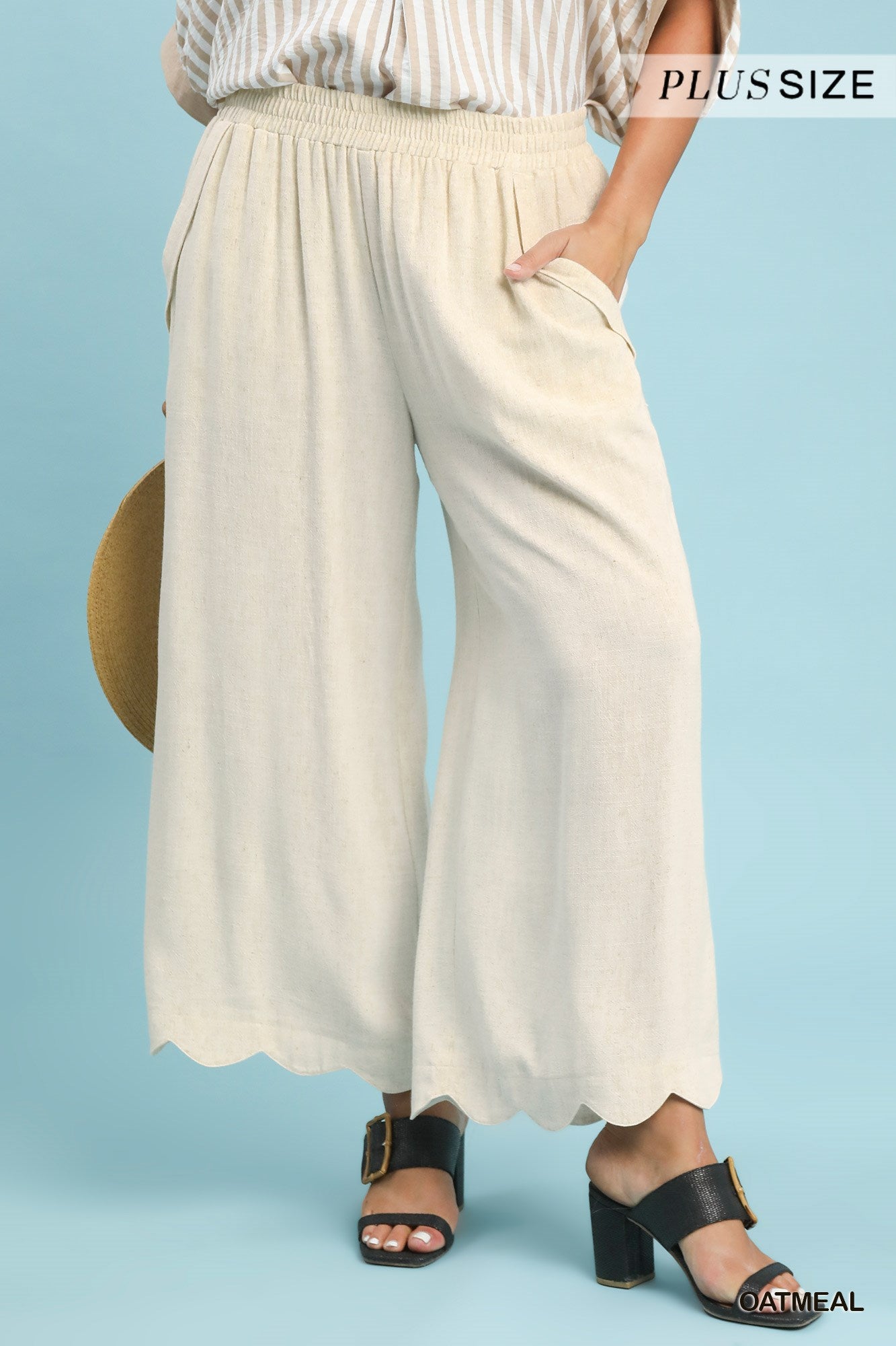 Umgee Plus Size Linen Blend Scallop Hem Wide Leg Pants