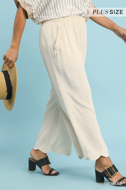 Umgee Plus Size Linen Blend Scallop Hem Wide Leg Pants