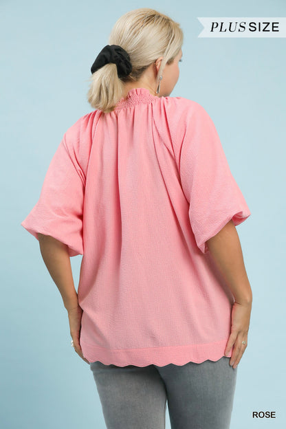 Umgee Plus Size Rose Scalloped Hem Textured Blouse