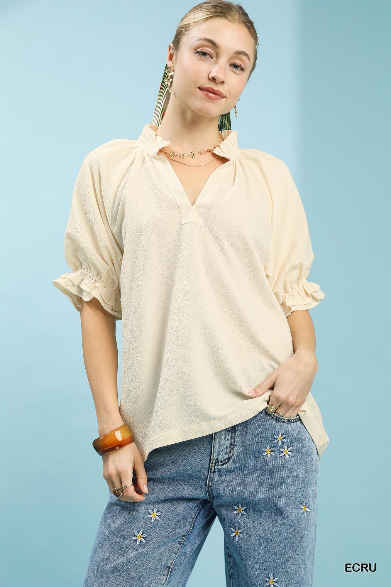 Umgee Ecru Ruffle Collar Puff Sleeve Top