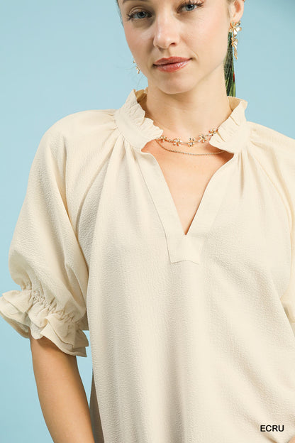 Umgee Ecru Ruffle Collar Puff Sleeve Top