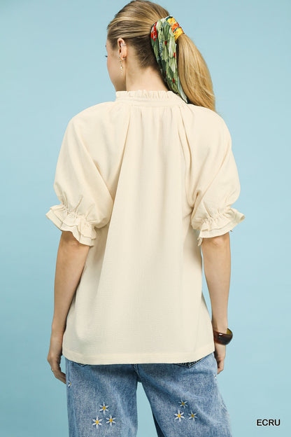 Umgee Ecru Ruffle Collar Puff Sleeve Top