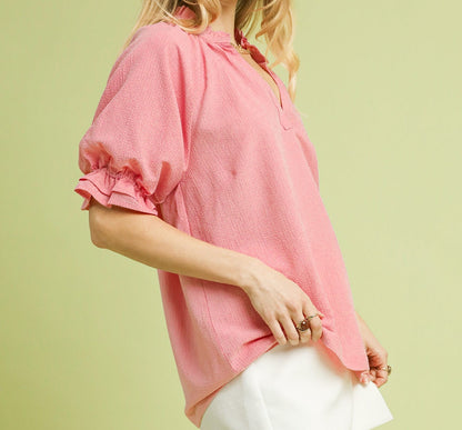 Umgee Rose Ruffle Collar Puff Sleeve Top