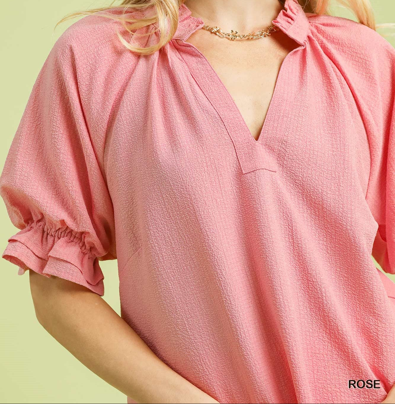 Umgee Rose Ruffle Collar Puff Sleeve Top