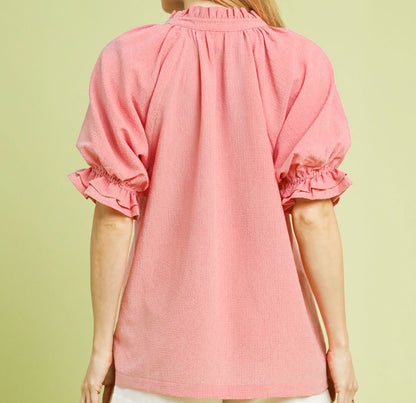 Umgee Rose Ruffle Collar Puff Sleeve Top