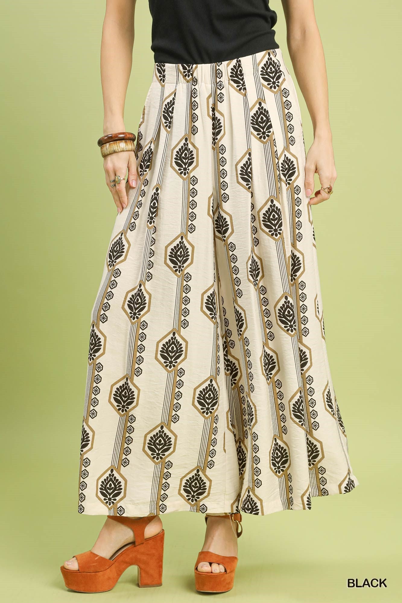 Umgee Black Geometric Boho Print Wide Leg Pants