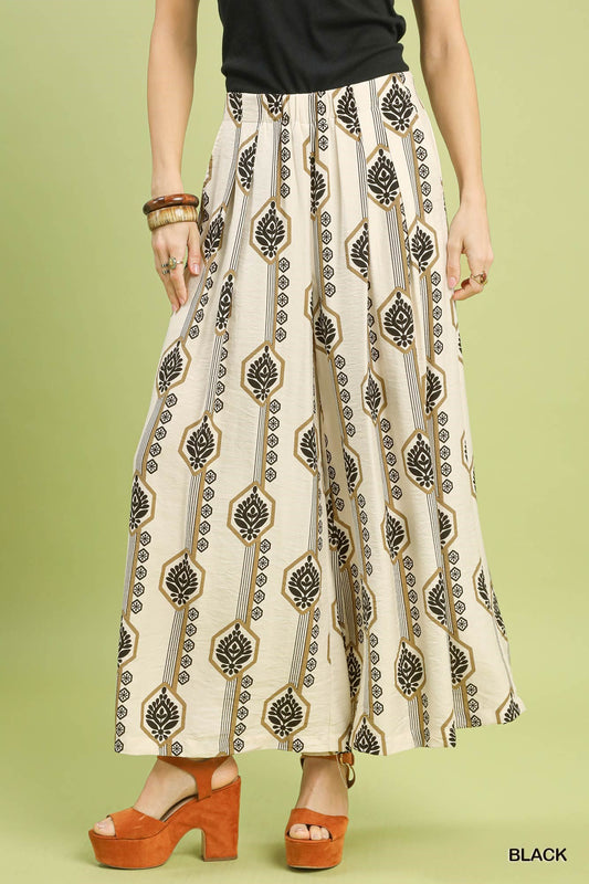 Umgee Black Geometric Boho Print Wide Leg Pants