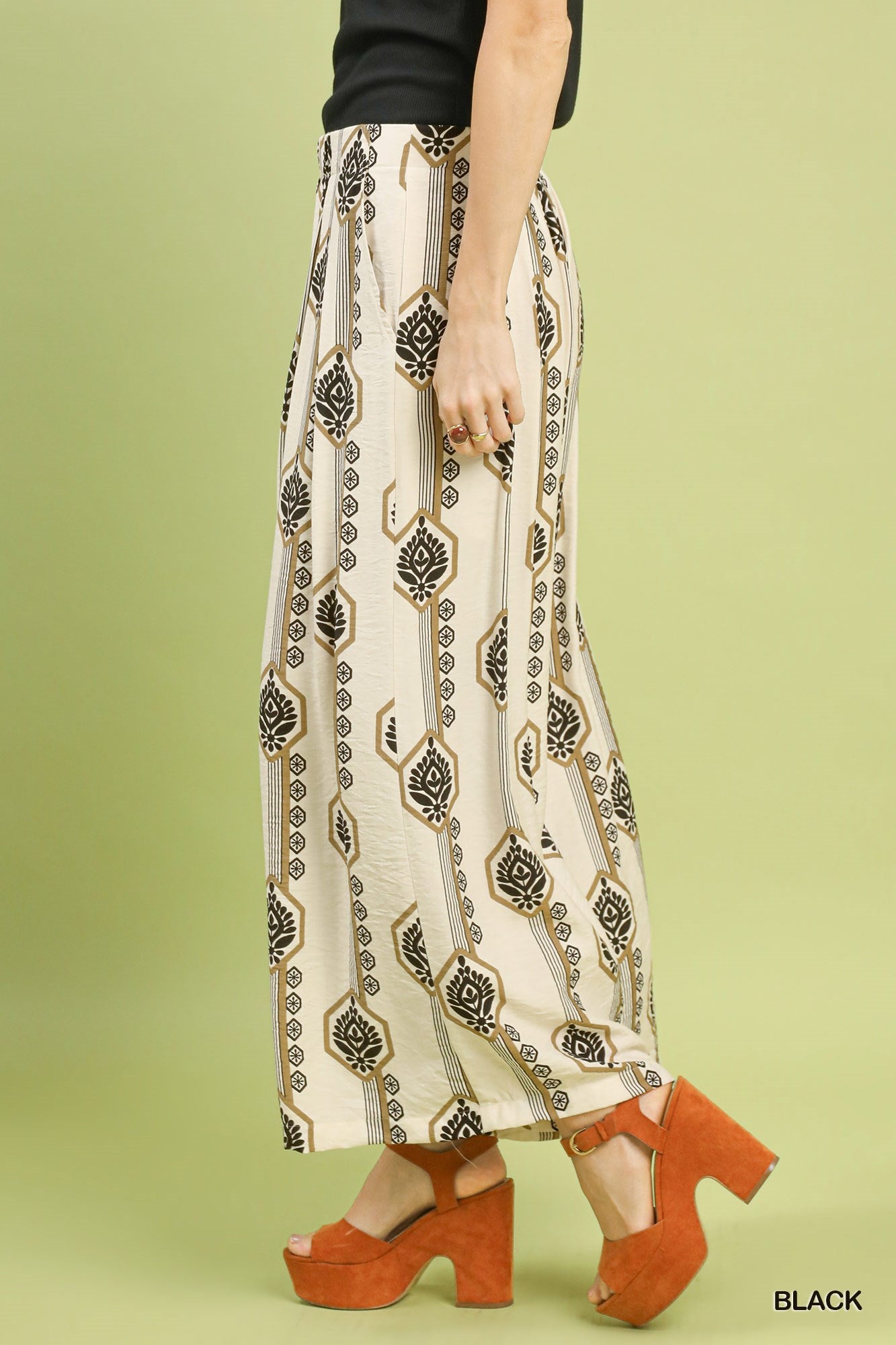 Umgee Black Geometric Boho Print Wide Leg Pants