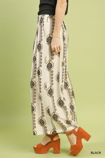 Umgee Black Geometric Boho Print Wide Leg Pants