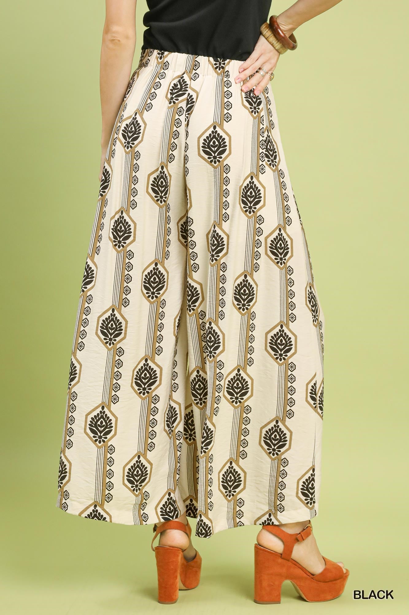 Umgee Black Geometric Boho Print Wide Leg Pants
