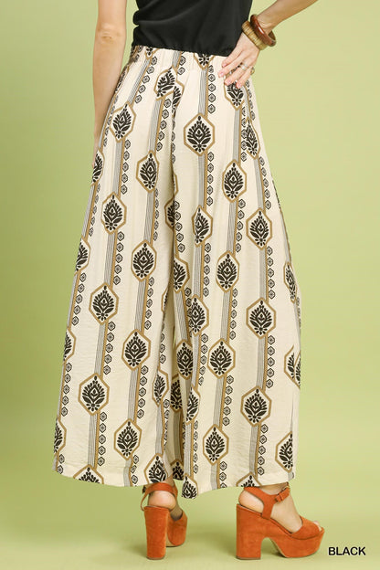 Umgee Black Geometric Boho Print Wide Leg Pants