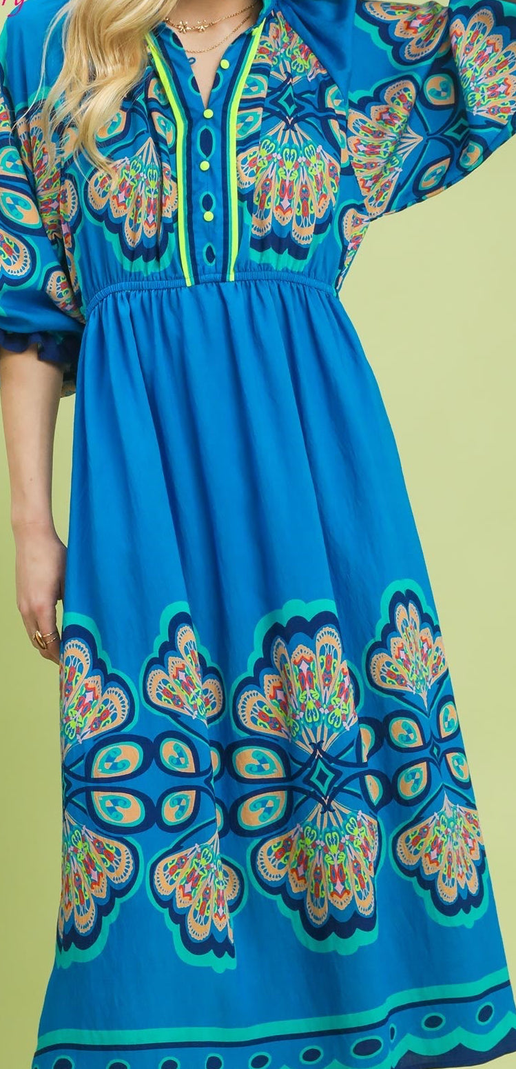 Umgee Cerulean Border Print Midi Dress