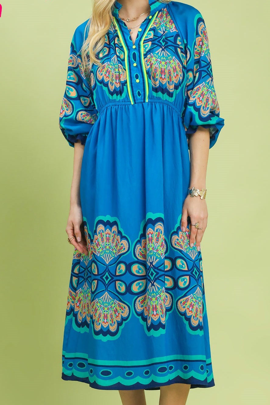 Umgee Cerulean Border Print Midi Dress