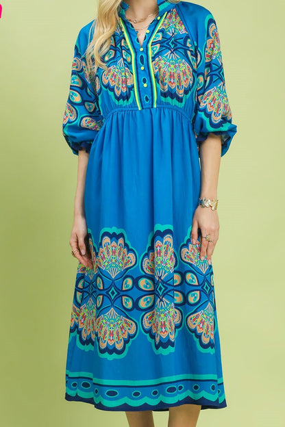 Umgee Cerulean Border Print Midi Dress