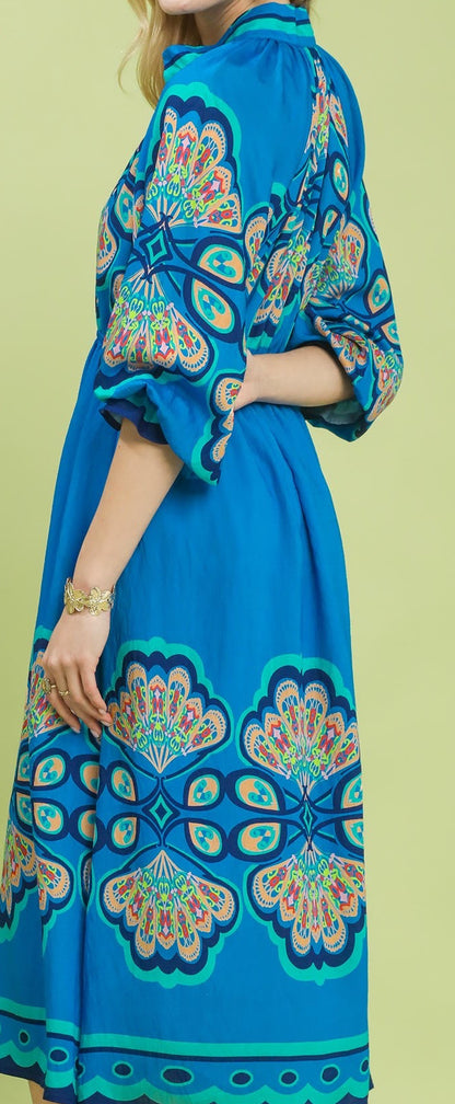 Umgee Cerulean Border Print Midi Dress