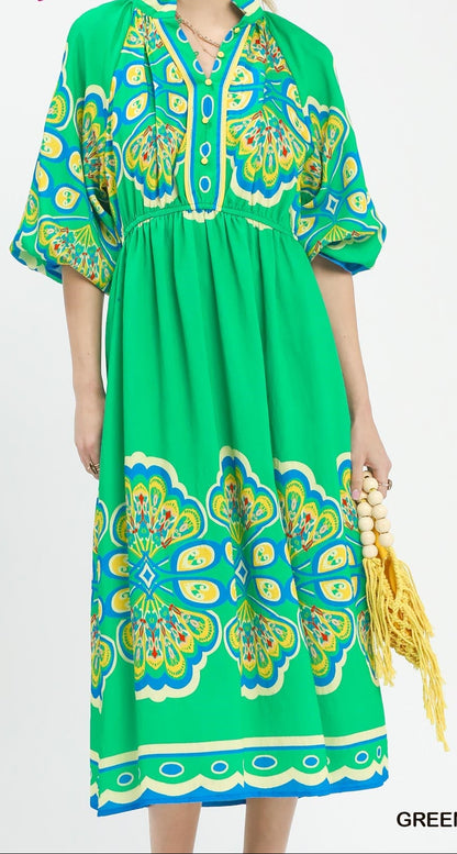 Umgee Green Border Print Midi Dress