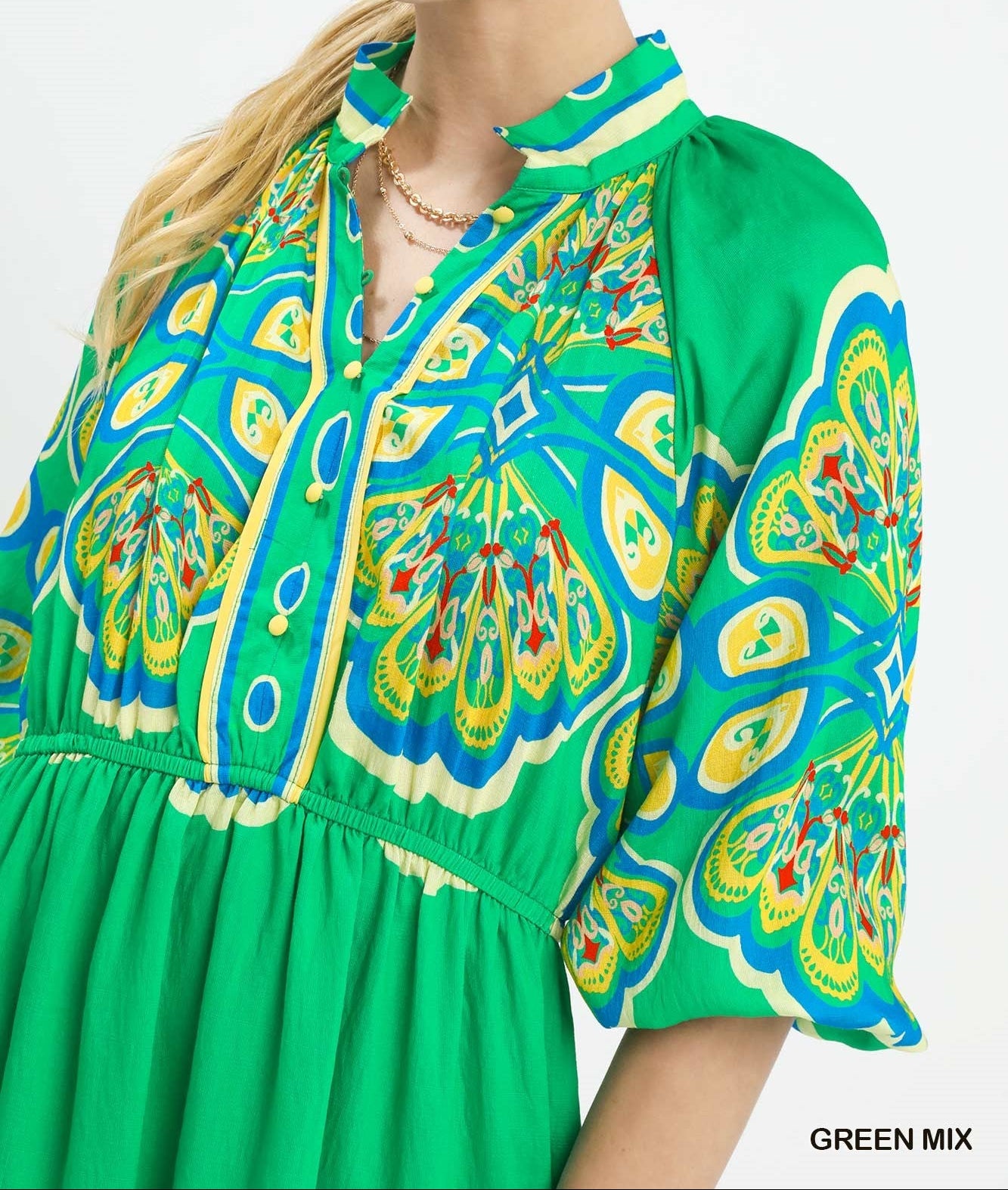 Umgee Green Border Print Midi Dress