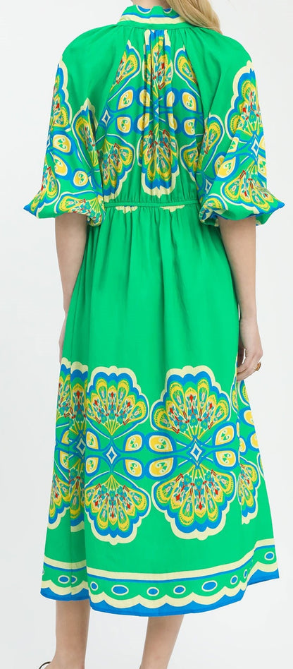 Umgee Green Border Print Midi Dress