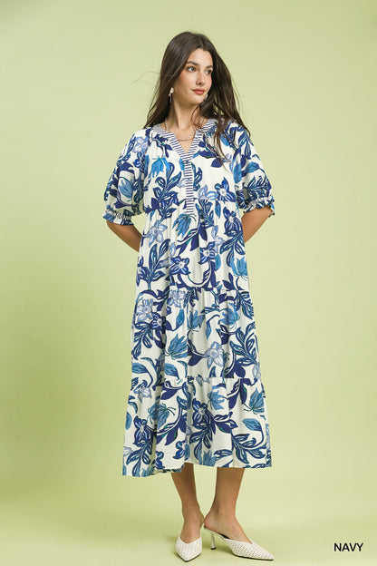 Umgee Blue Tropical Floral Tiered Midi Dress
