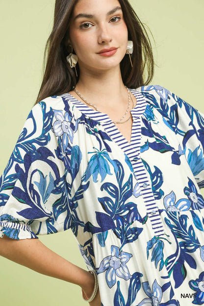 Umgee Blue Tropical Floral Tiered Midi Dress