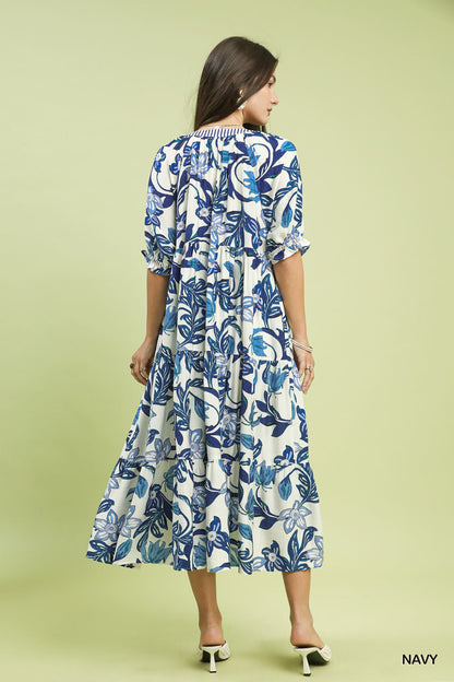 Umgee Blue Tropical Floral Tiered Midi Dress