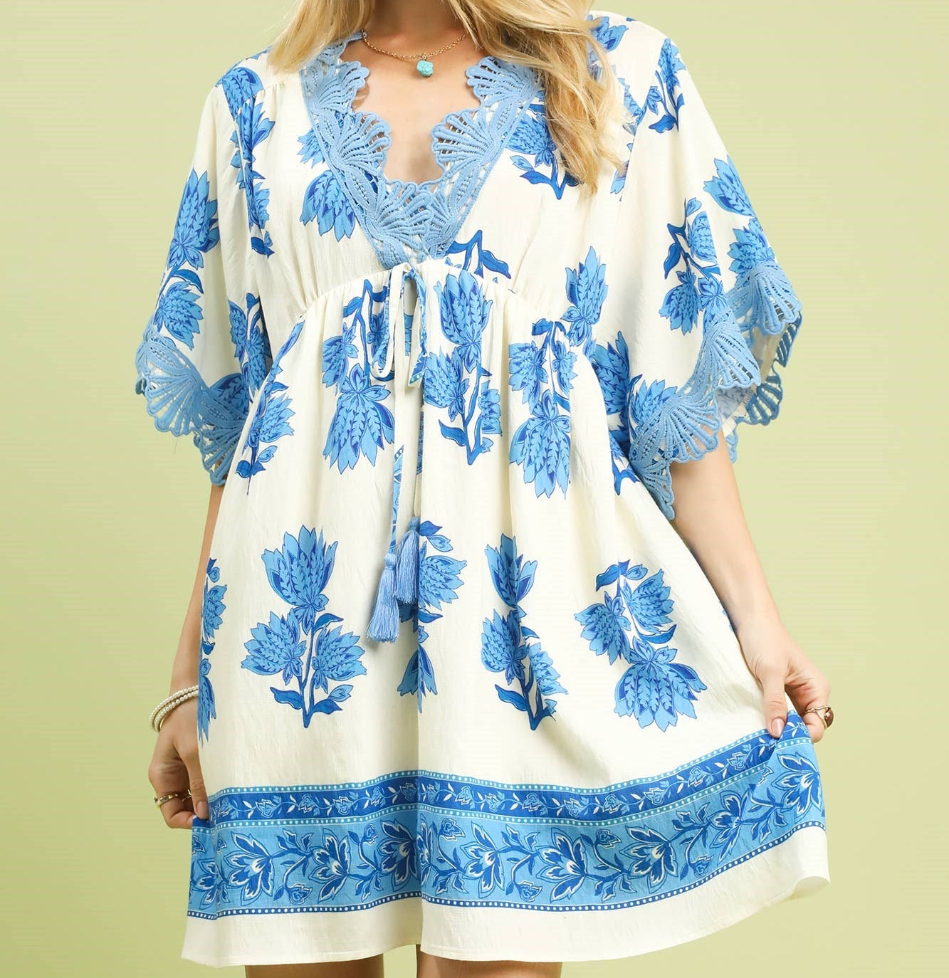 Umgee Blue Abstract Print V-Neck Tiered Mini Dress