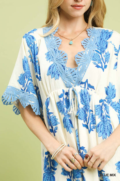 Umgee Blue Abstract Print V-Neck Tiered Mini Dress