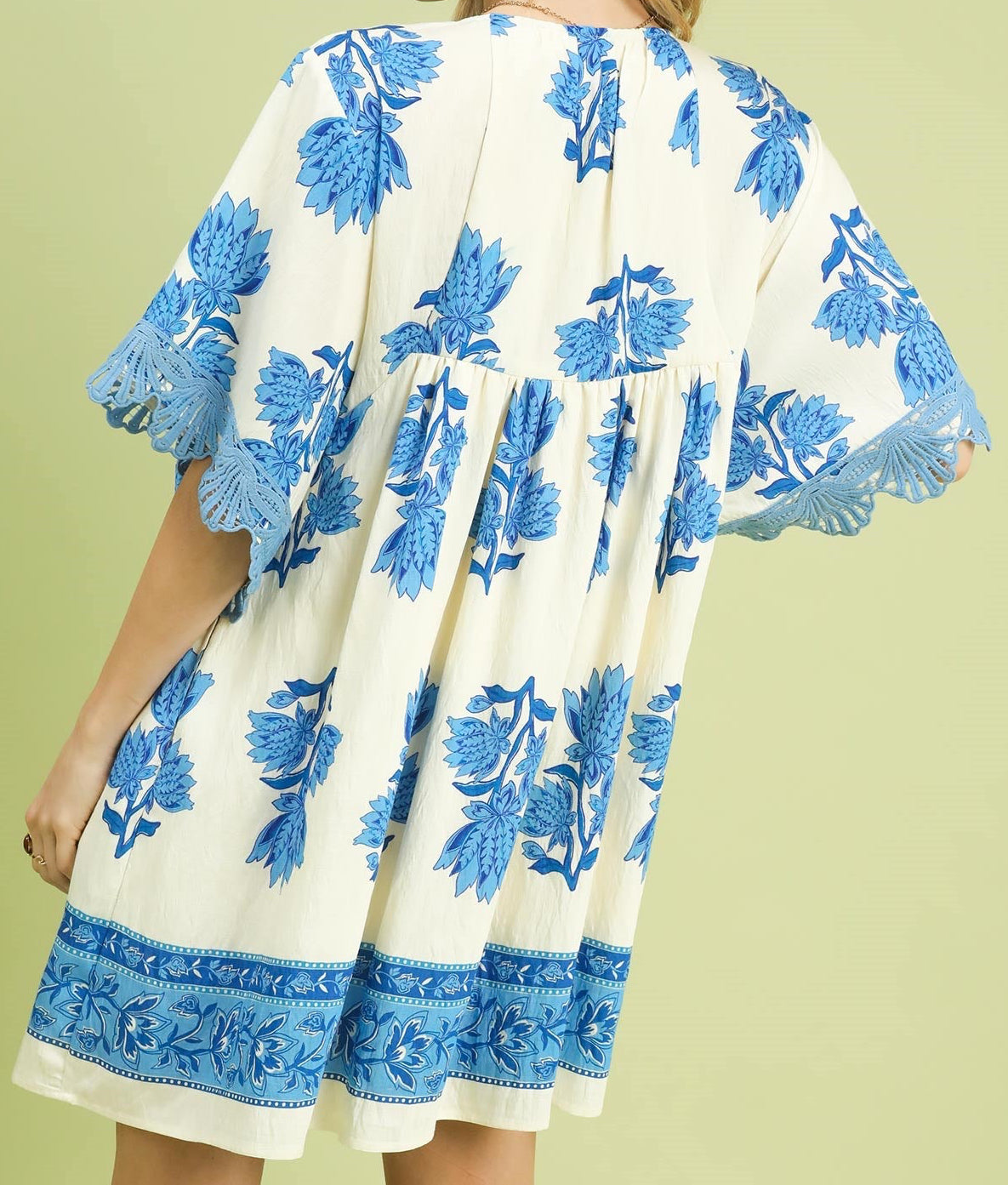 Umgee Blue Abstract Print V-Neck Tiered Mini Dress