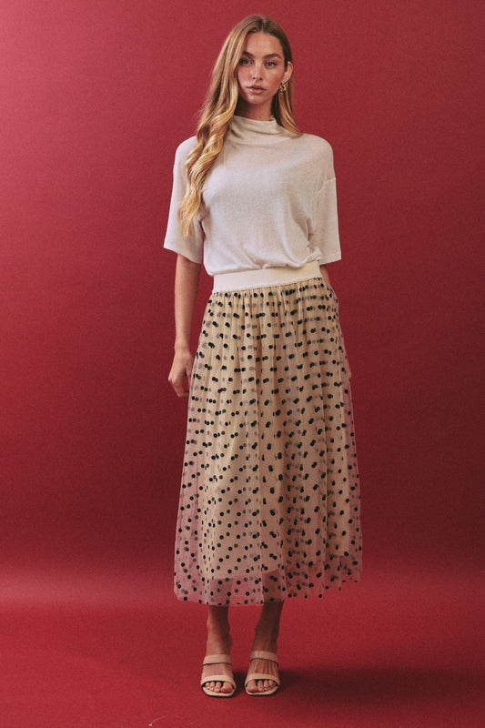 Oddi Apricot Polka Dot Layered Tulle Midi Skirt