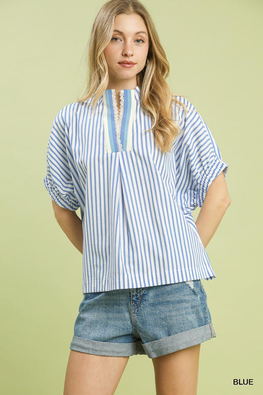 Umgee Blue Stripe Lace Trim Pleated V-Neck Top