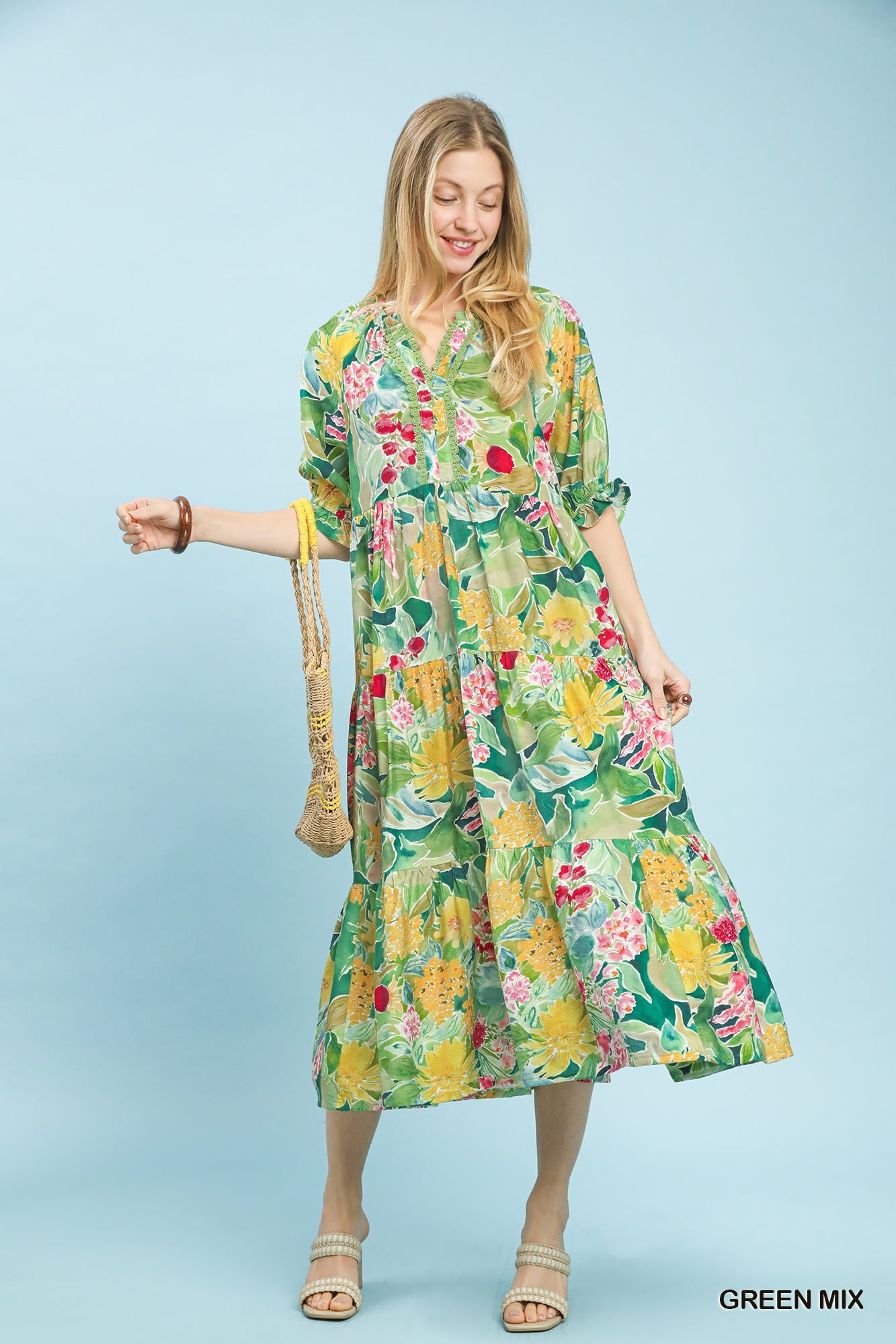 Umgee Green Mix Floral Tiered Midi Dress
