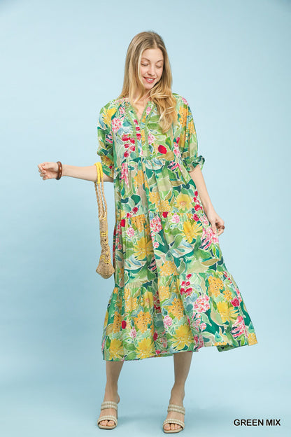 Umgee Green Mix Floral Tiered Midi Dress