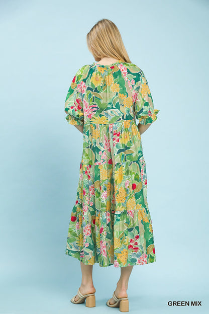 Umgee Green Mix Floral Tiered Midi Dress