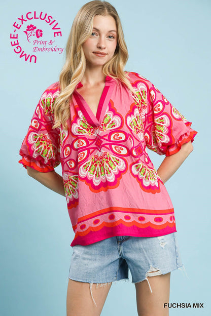 Umgee Fuchsia Mix Boho Print V-Neck Top