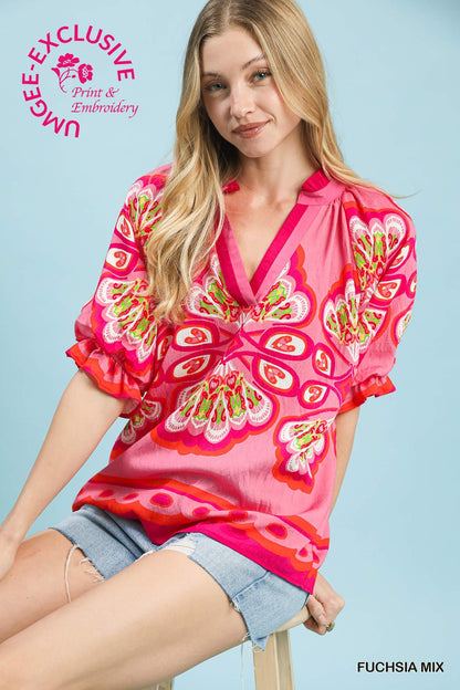Umgee Fuchsia Mix Boho Print V-Neck Top