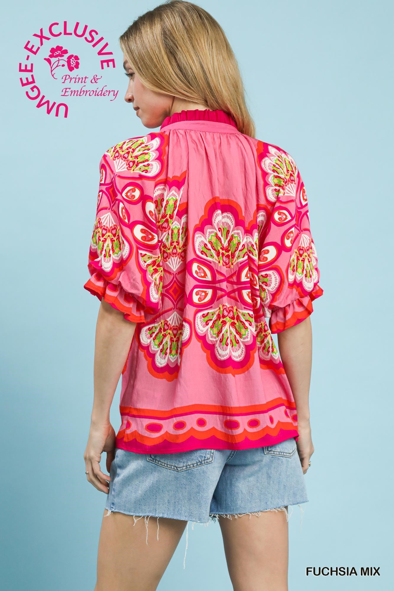 Umgee Fuchsia Mix Boho Print V-Neck Top