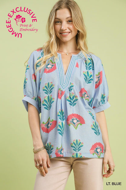 Umgee Light Blue Abstract Print Top