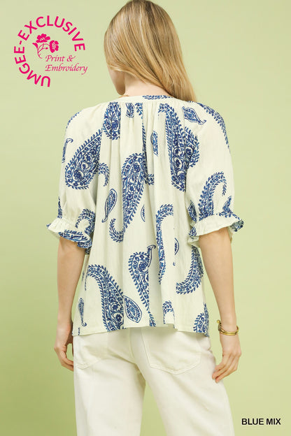 Umgee Blue Paisley Print V-Neck Top