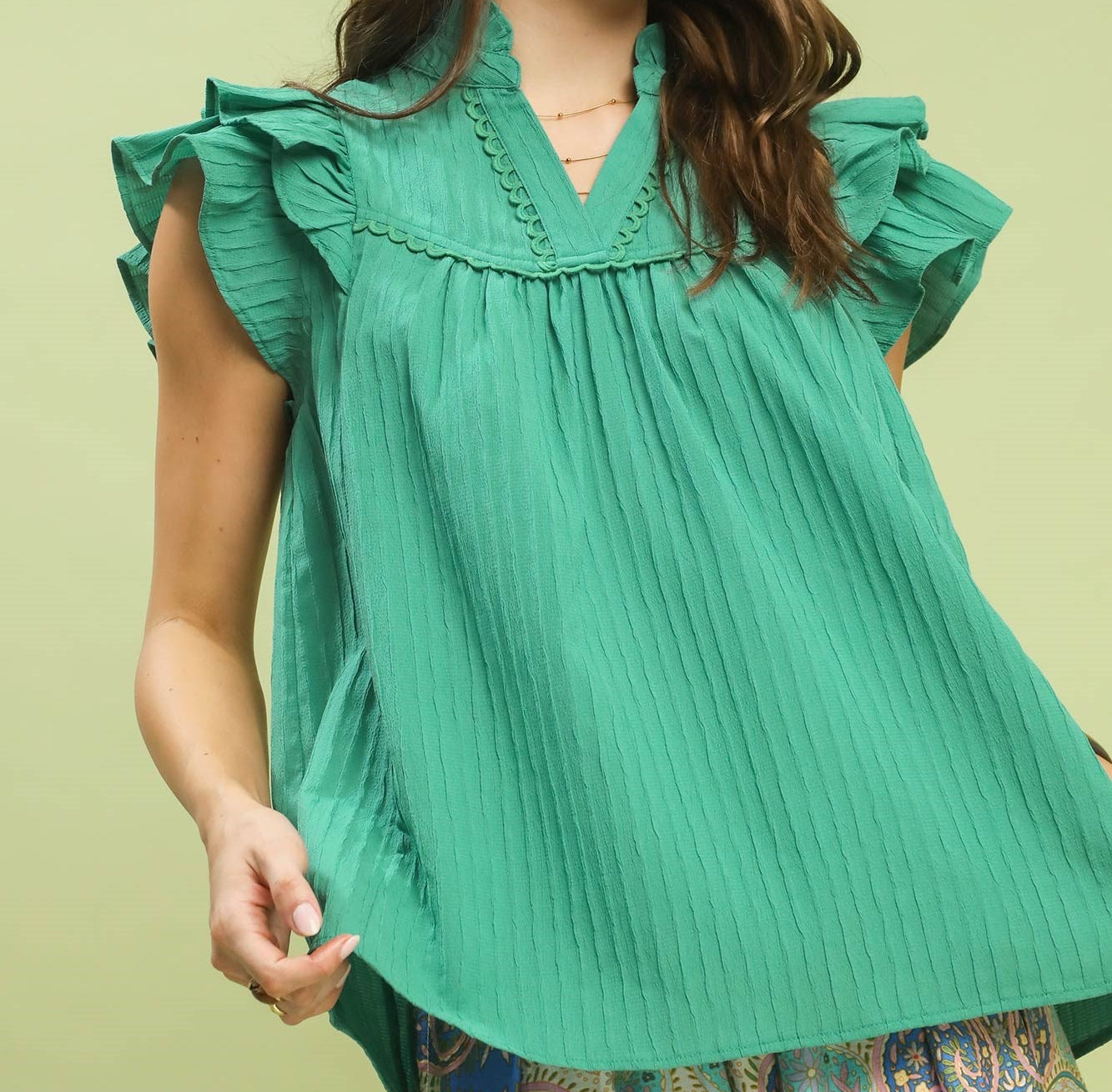 Umgee Jade Ruffle Sleeve Textured Babydoll Top