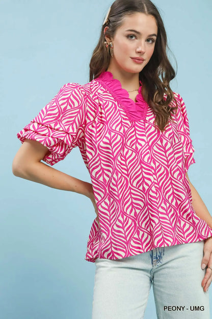 Umgee Peony Printed Puff Sleeve Ruffle Neck Top