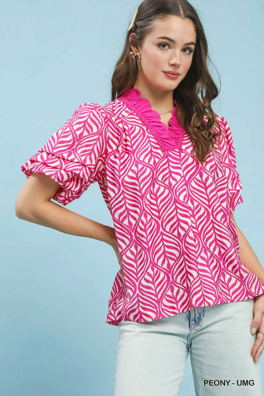 Umgee Peony Printed Puff Sleeve Ruffle Neck Top
