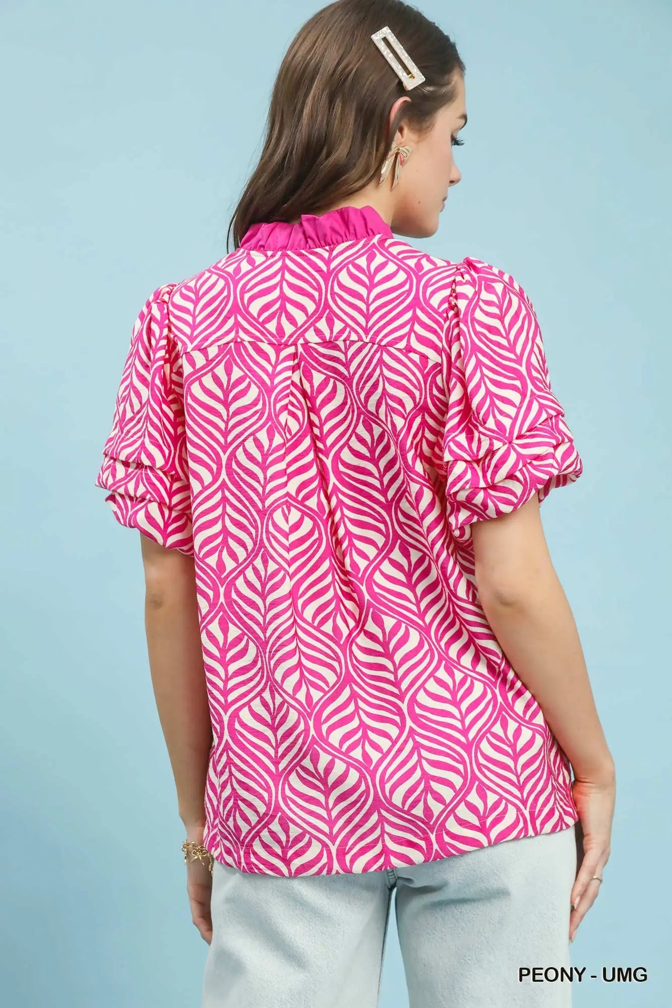 Umgee Peony Printed Puff Sleeve Ruffle Neck Top