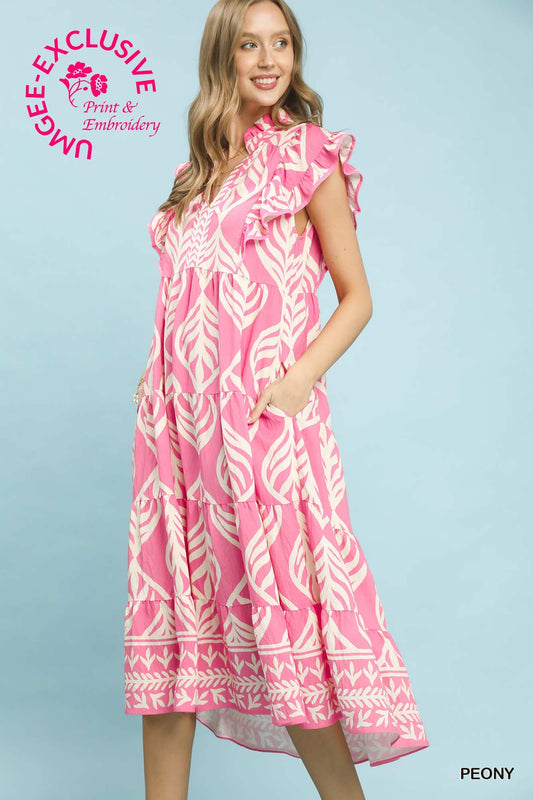 Umgee Peony Leaf Print Tiered Midi Dress