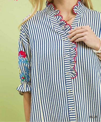 Umgee Blue Embroidered Ruffle Trim Stripe Blouse